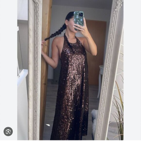Zara Festive Sequin Halter Maxi Dress Brown NWT Size Small - Picture 3 of 12